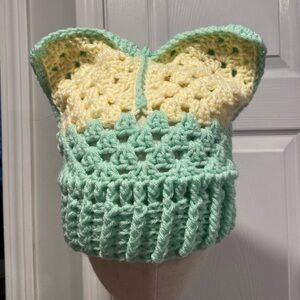 Handmade Crochet Cat Animal Ear Beanie Hat Cozy Ribbed Brim Stretch Winter Hat